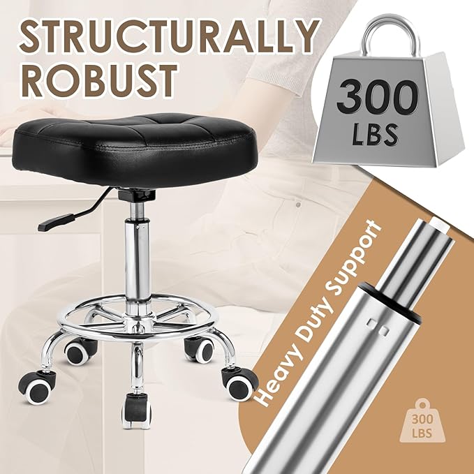 Rolling Stool Wider Rectangular Cushion-Provides a Comfortable, Stable Support Surface with Loop Footrest for Leg Support,Adjustable Stool with Wheels for Salon Tattoo Massage Office Home (Black)