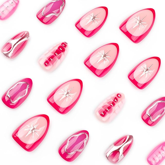 Pink Chrome Press On Nails, Glossy Metallic Edge Gel Nails with Abstract 3D Design, Reusable Soft Gel False Nails Set, Trendy Y2K Stick On Nails for Women and Girls