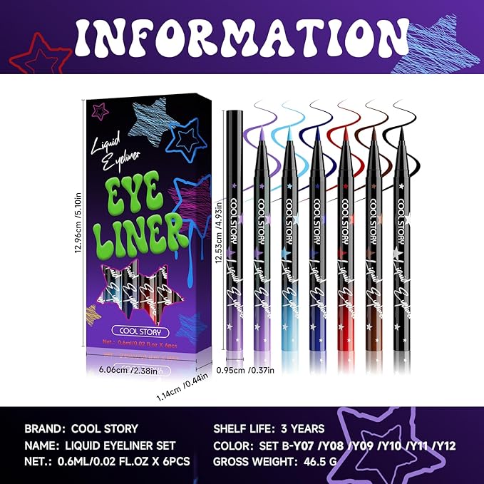Liquid Eyeliner Waterproof Smudge Proof Colorful Eye Liner 24H Long-Lasting Makeup (SET-B)