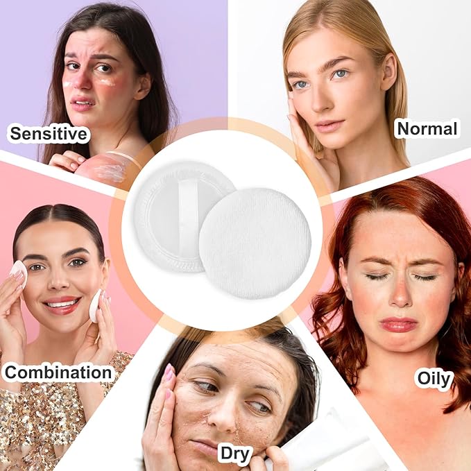 10Pcs 100% Cotton Round Dusting Powder Puff, White Round Velour Makeup Powder Puff, 2.4 Inch Soft Velour Foundation Puffs, Body Face Powders Puffs with Ribbon for Loose and Foundation