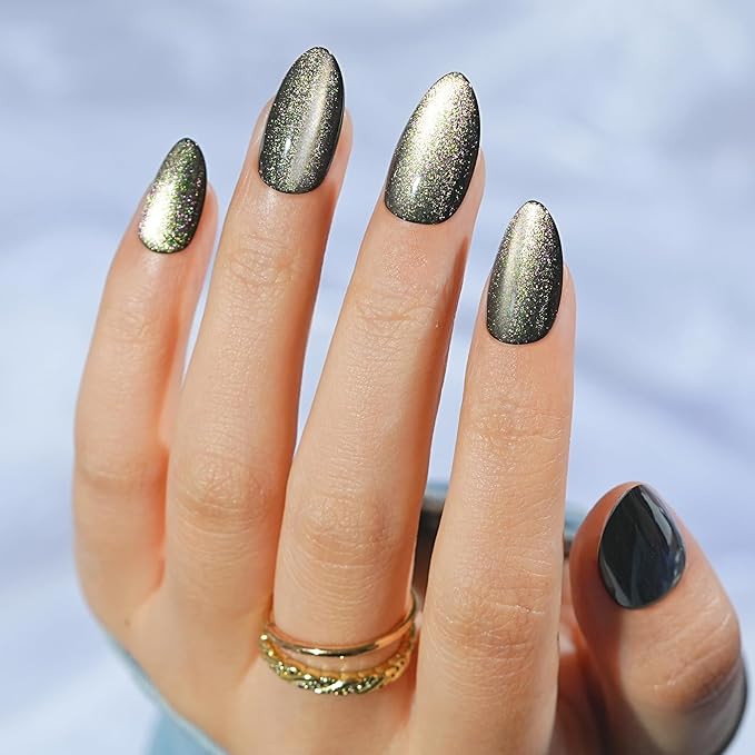 Cat Eye Press on Nails Short, Jofay Fashion Soft Gel Fake Nails, Purple-Green Color-changing Shimmer Cat Eyes Nails, Reusable & Glossy Acrylic False Glue on Nails Kit for Women