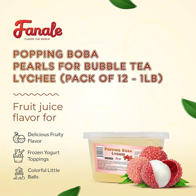 Fanale Lychee Popping Boba Pearls, Vegan, Non GMO, Gluten Free, Fat Free, Perfect for Bubble Tea, Smoothies, Ice Cream, Desserts, and Beverages 1lb x 12.