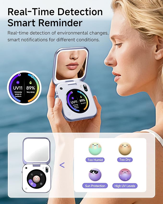 inewme UV Camera Mirror for Sunscreen Test, 3-Color LED Light with Real-Time UV & Humidity Sensor, Portable Travel Makeup Mirror, Compact Skin Care Tool