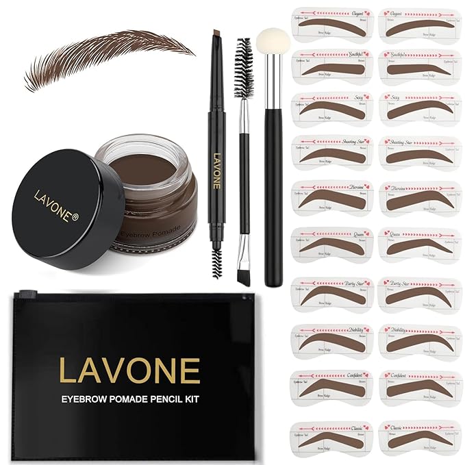 LAVONE Eyebrow Stamp Stencil Kit - Brow Stamp Trio Kit with Waterproof Eyebrow Pencil, Pomade, 20 Stencils, Dual-ended Brush and Sponge Applicator - Dark Brunette