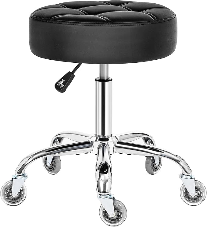 BEWISHOME Rolling Stool with Wheels, Adjustable Stool Heavy Duty 450lb, 360° Swive Rolling Chair for Massage Spa Medical Tattoo, PU Thick Seat Padding Salon Chair(Black) BYD01B