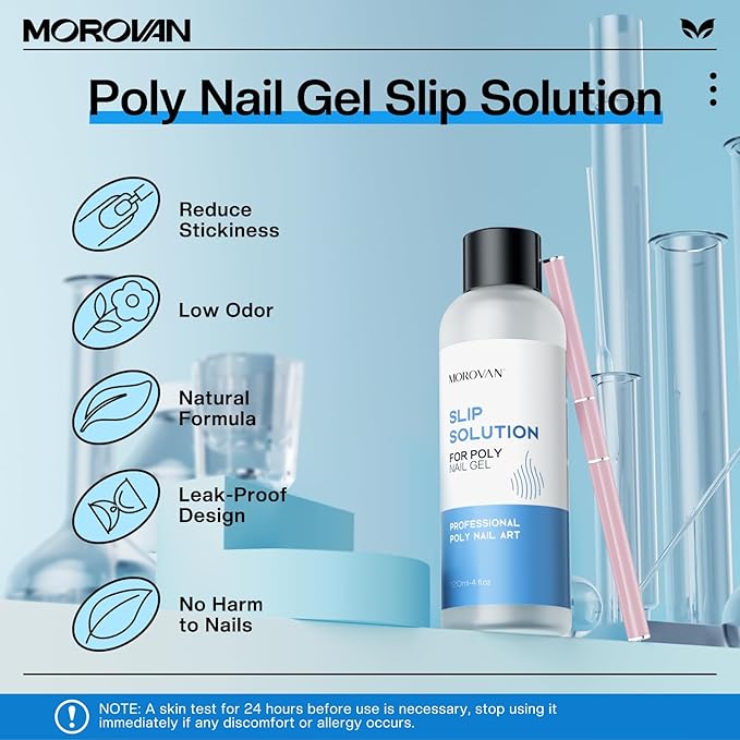 Morovan Poly Gel Slip Solution Kit: 4oz Slip Solution Liquid for Poly Gel Nails Dual-Ended Brush Pusher for Beginner