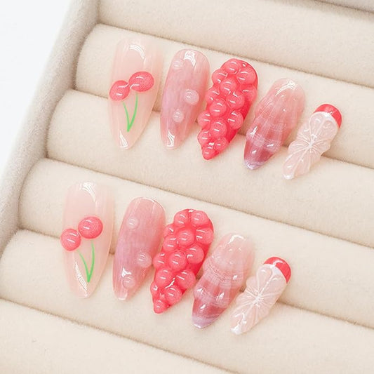 24Pcs Pink Cherry Press on Nails Medium Almond Fake Nails Summer Fruit False Nails 3D Grapefruit Strawberry Water Drop Designs Pink Cute Nails Full Cover Acrylic Stick on Nails for Women DIY Manicure