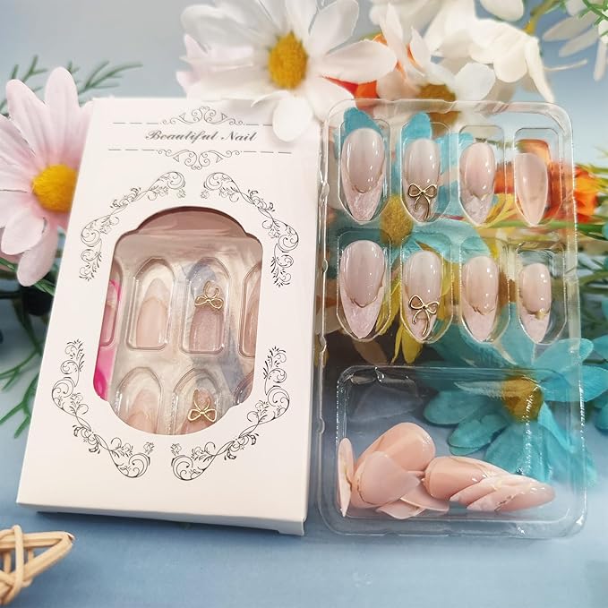 White French Tips Press on Nails 24Pcs Gold Bow Press ons Fingernails Curve Line Gel Glue on Acrylic Fake Nails Glossy Nude Medium Almond False Nail Gradient Stick on Nail for Holiday Manicure Art