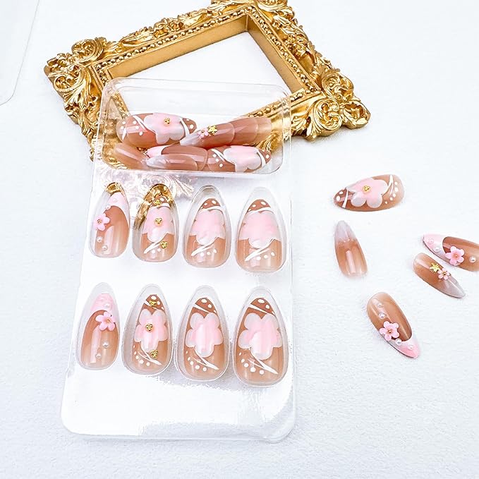 24pcs White French Tip Press on Nails Short Almond Fake Nails with 3D Pink Flower Pearl Designs Gold Beads Stick on Nails Summer False Nail Tips Cute Floral Acrylic Nails Glue on Nails for Women