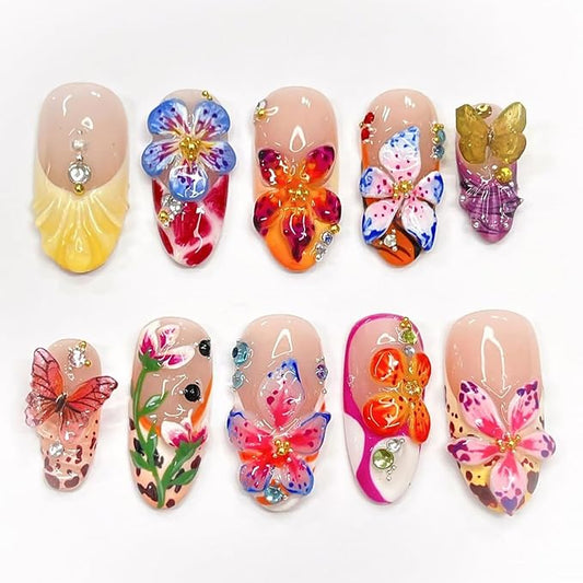 24Pcs Colorful Flower Press on Nails Medium Almond Handmade Fake Nails with 3D Butterfly Rhinestones Design Cute Full Cover Artificial Glue on Nails Hawaii False Nails Summer Stick on Nail for Women