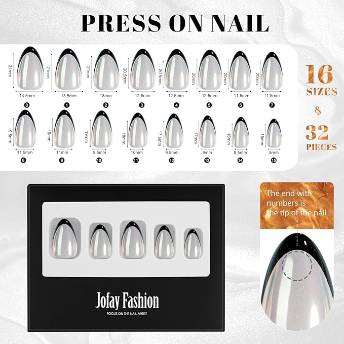 Black French Tip Press on Nails, Jofay Fashion Almond Soft Gel Fake Nails, Classic French Nails, Reusable & Natural Acrylic False Nails, Stick on Nails for Women Girls Gift, Glue on Nails Kit 32Pcs