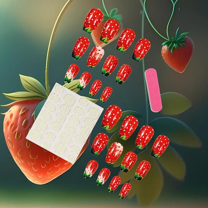 24Pcs Strawberry Press on Nails Glossy Red Medium Coffin False Nail Fruit Acrylic Full Cover Fake Nails Green Leaves Gel Glue on Fingernails French Tips Stick on Nail for Holiday Manicure Art