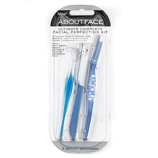 About Face Ultimate Complete Facial Perfecting Kit - 3 Beauty Groomers for Hair Removal, Ideal for Shaving, Exfoliating, Dermaplaning and Brow Shaping, Japanese Steel Gently Removes Facial Hair