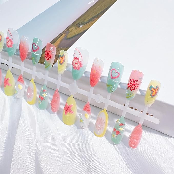 30pcs Summer Press on Nails Medium Almond Fake Nails with 3D Flower Starfish Designs Summer Beach False Nails Pearl Glue on Nails Handmade Full Cover Acrylic Nails Stick on Nails for Women