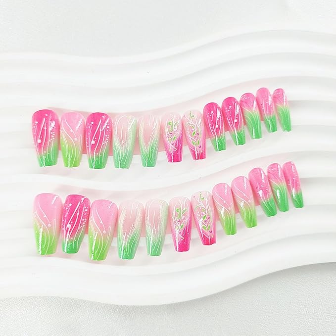 French Press on Nails Coffin Medium Fake Nails Red Pink Stick on Nails with Leaves Designs Green Glue on Nails Lines Acrylic Nail Press ons Gradient Artificial Manicure Full Cover for Women 24Pcs