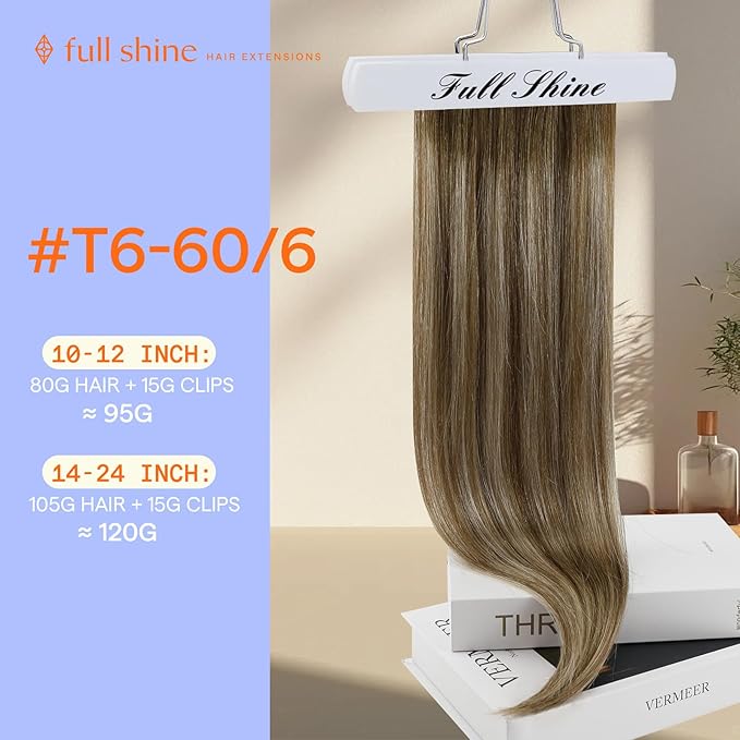 Full Shine Balayage Brown Hair Extensions Real Human Hair Clip ins Chestnut Brown Ombre Blonde Short Clip in Hair Extensions Seamless Human Hair Clip in Extensions for Women 14 Inch 7 Pcs 120 G