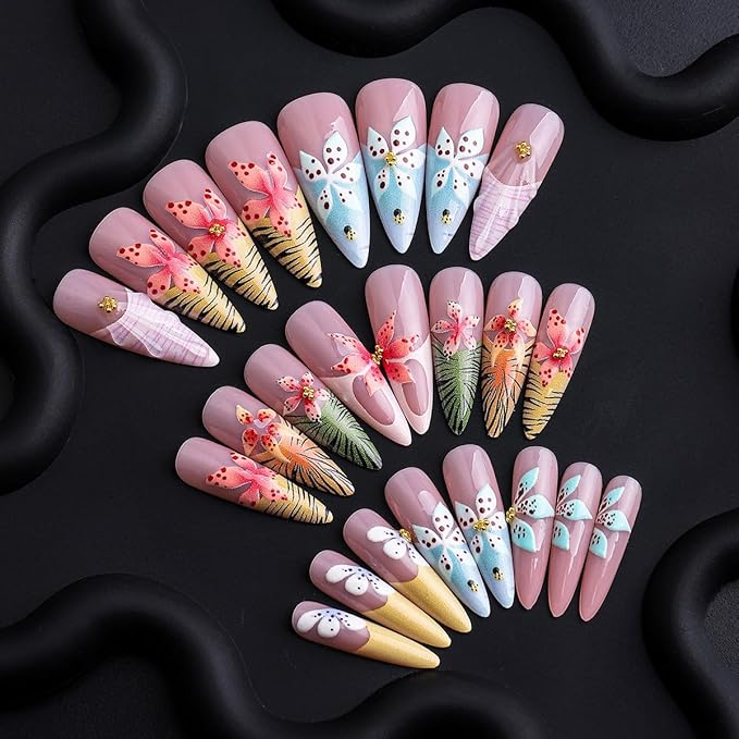 Almond Press on Nails Long Fake Nails Mixed Colors 3D Flower Shell Rhinestone Leopard French Tip Full Cover Summer Stick on False Nail for Women 24PCS