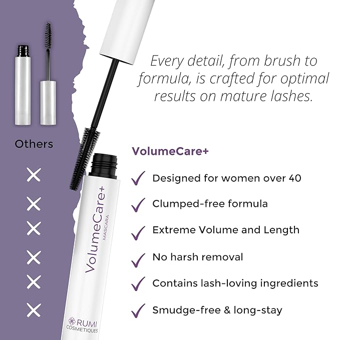 Rumi Cosmetiques VolumeCare+ Mascara For Older Women - Extreme Length and Volume 2-in-1 Formula - No Clumps, Long-Wearing, Hypoallergenic Mascara For Sensitive Eyes (Dark Brown)