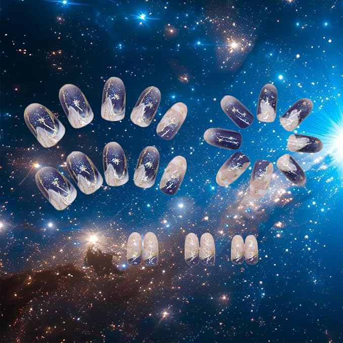 24Pcs Milky Way Press ons Fingernails Glossy Gold Glitter Medium Almond False Nail Stars Gel Glue on Acrylic Fake Nails Blue Gradient Stick on Nail Starry Sky Press on Nails for Holiday Manicure Art