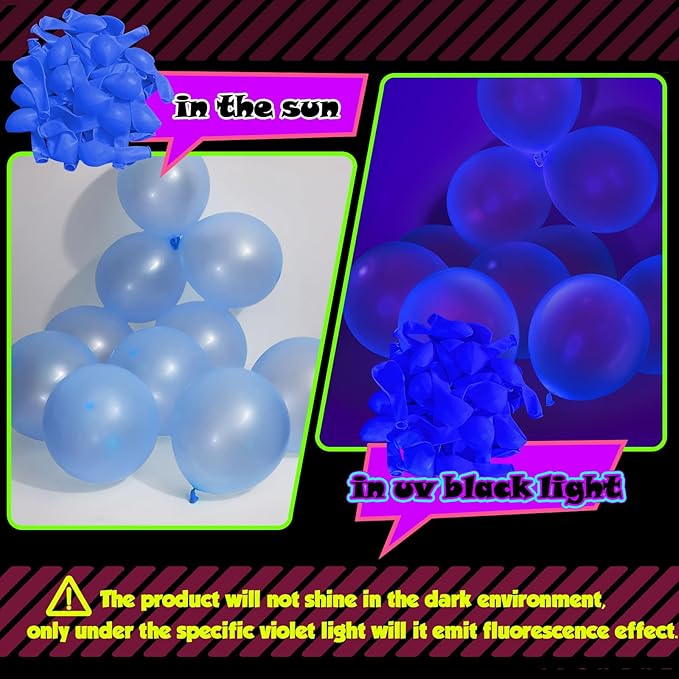 100 Pcs UV Neon Blue Balloons 12 inch Neon Party Supplies, Balloons, Glow in the Dark for Birthday, Graduation, Baby Shower,Wedding, Anniversary Valentines Party Decorations
