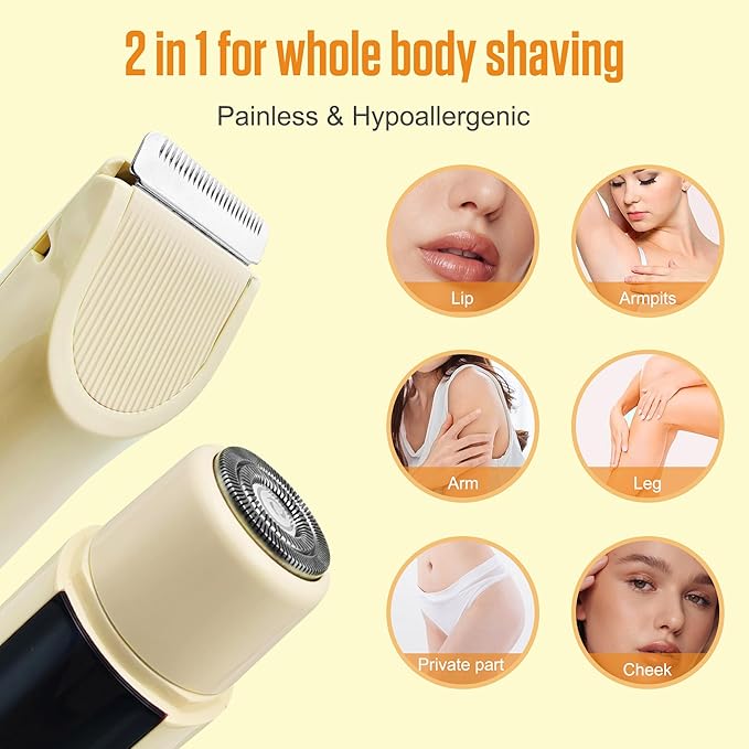 2 in 1 Bikini Trimmer for Women Dual Head Electric Shaver with LED Display,IPX7 Waterproof Wet & Dry, Painless Shaver for Underarm Leg Arm Body Face Private Area Khaki