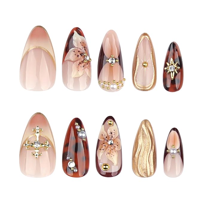 Handmade 3D Flower Brown Press On Nails Medium Almond, 3D Floral Pearl Designer Reusable Acrylic Fake Nail, Stick On Glue On Nail, Nails Press Ons Daily Wear False Goth Nails For Women