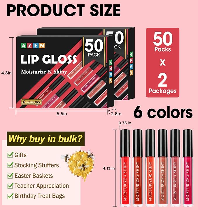 AZEN 100 Pack Lip Gloss Bulk Set, Shimmery Lip Gloss for Women and Girls With Rich Varied Colors