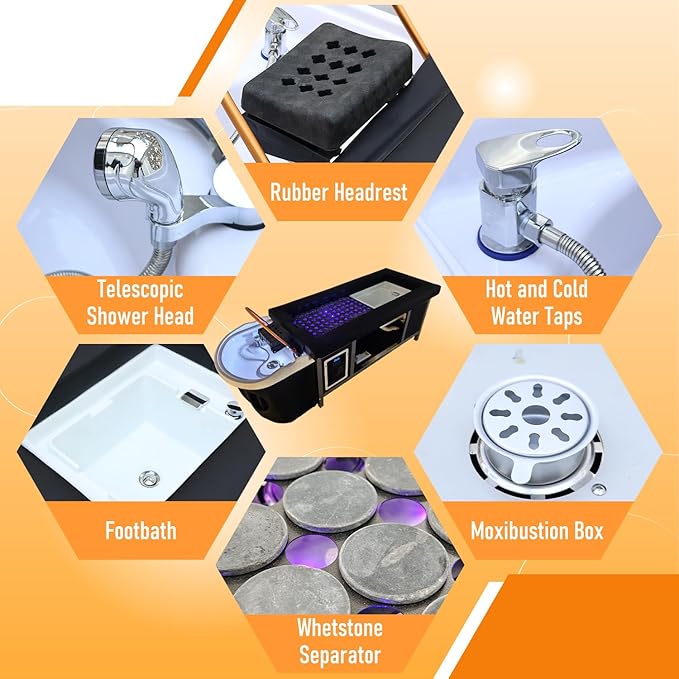 Japanese Head Spa Equipment, Moxibustion Moxa Shampoo Bed, Head/Feet/Back Massage Therapy Table, with Foot Bath Basin, Bianstone Magnetic Therapy, for Spa Beauty Salon Barber (D)