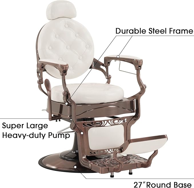 BarberPub Heavy Duty Metal Vintage Barber Chair All Purpose Hydraulic Recline Salon Beauty Spa Chair Styling Equipment 8914 (White with Reddish Bronze Frame)