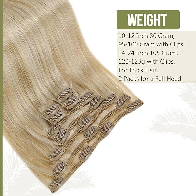 Full Shine Clip in Hair Extensions Human Hair Butter Blonde Highlights Platinum Blonde Clip in Human Hair Extensions Double Weft 7 Pcs 120 G 14 Inch