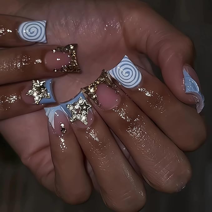 BABALAL Duck Press on Nails Blue Gold Fake Nails Short French Tipwith Swirl Designs Glue on False Nails Short Press ons Sparkly Artificial Y2k Star Stick on Nails for Women 24Pcs