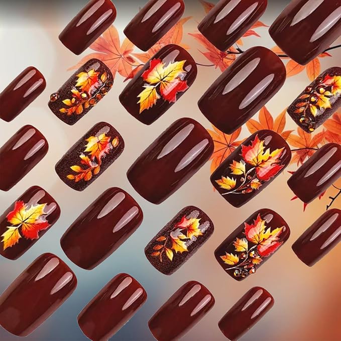 3D Maple Leaf Press on Nails 24Pcs Fall Leaves Stick on Fingernails Thanksgiving Medium Square False Nails Glossy Brown Acrylic Fake Nail Autumn Rhinestones Gel Glue on Nail for Coquette Women Girls