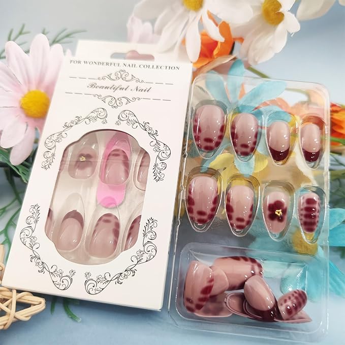 Peach Blossom Acrylic Full Cover Fake Nails Flower Press on Nails 24Pcs Tortoise Pattern Gel Glue on Fingernails Glossy Red French Short Almond False Nail Pearl Stick on Nail for Holiday Manicure Art