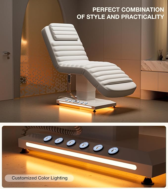 Paddie Professional Fully Electric Spa Chair, 3 Motor Esthetician Spa Bed with LED Light, Motorized Height & Angle Adjustable for Facial & Medical, 550lbs Capacity, White