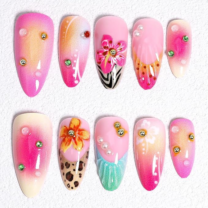 24Pcs Flower Press on Nails Medium Almond Fake Nails with leopard French Tip Nails Design Gold Silver Pearl False Nails Full Cover Artificial Glue on Nails Spring Summer Stick on Nails for Women DIY