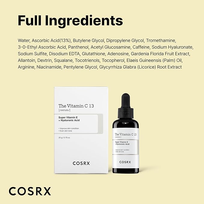 COSRX Pure Vitamin C 13% Serum with Vitamin E & Hyaluronic Acid, Hydrating Facial Serum for Fine Lines, Uneven Skin Tone & Dull Skin, 0.67fl.oz/20ml, Korean Skin Care, Stocking stuffers for women