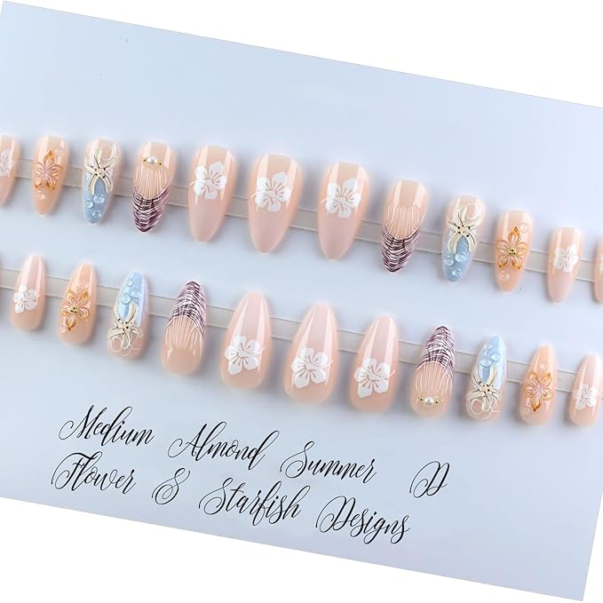 IMRAIN Beach Press on Nails Medium Almond Fake Nails with 3D Starfish Flower Designs Gel Handmade Acrylic False Nails Full Cover Glue on Nails Artificial Stick on Nails for Women DIY Manicure