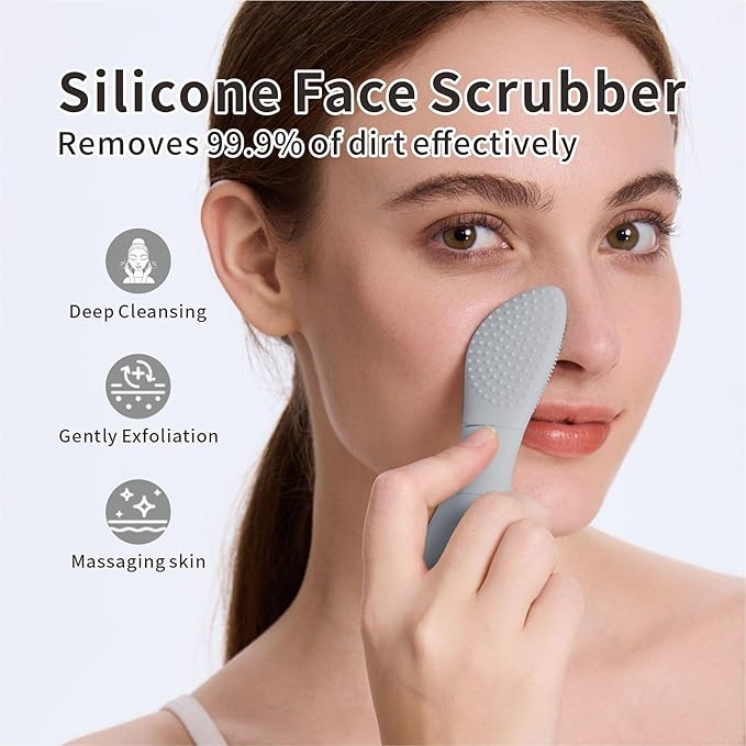 Blackhead Remover Tools, 2 in1 Face Scrubber Black Head Remover for Face Nose, Silicone Face Mask Applicator Pore Cleaner Spatula Brush for Daily Skin Care, Deep Clean Master for Women Men (Gray)