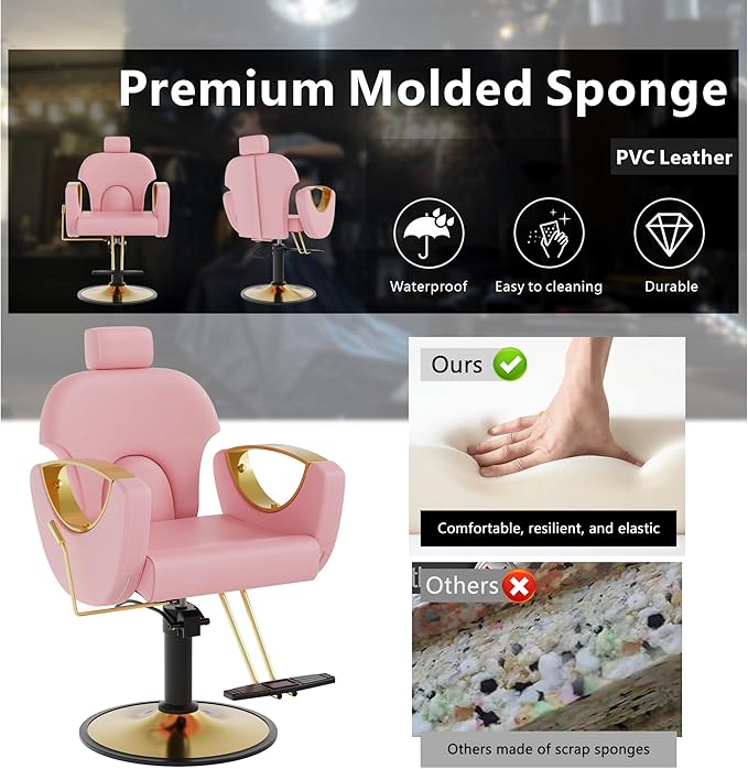 Barber Chair, Reclining Hair Salon Chair, 360 Degrees Swivel Styling Chair, Height Adjustable Hydraulic Shampoo Chairs, Spa Equipment (Pink)