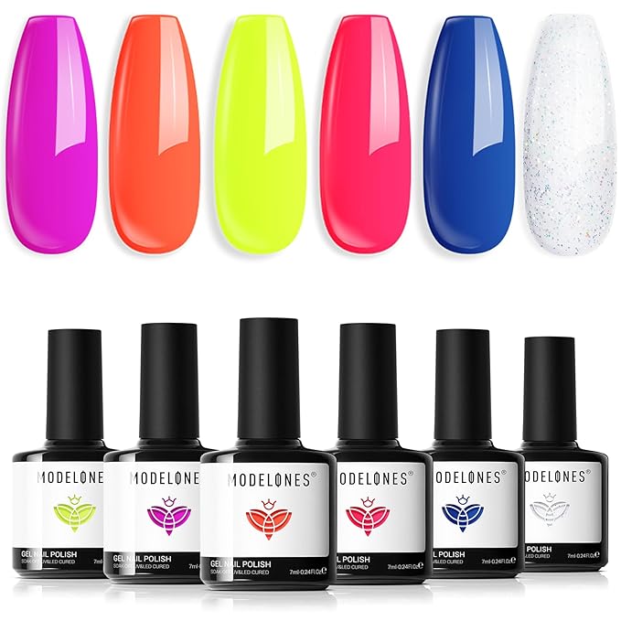 modelones Neon Gel Nail Polish Set, 6 Colors Hot Pink Blue Green Purple Yellow Orange Glitter Gel Polish Kit Soak Off LED Manicure DIY Nail Art Salon Home Gift For Women Girl