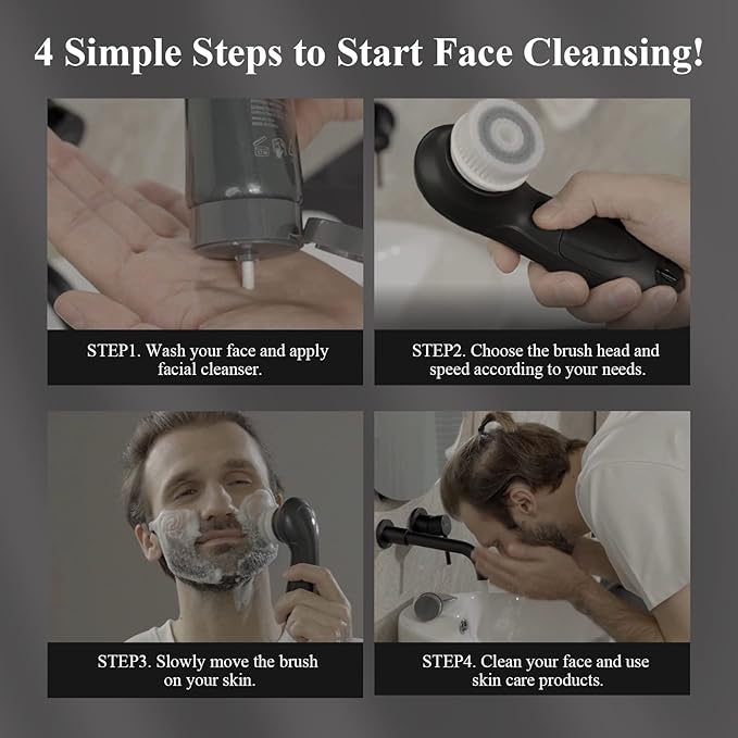 TOUCHBeauty Facial Cleansing Brush for Men Face Scrubber with Advanced PBT Bristles Spin Brush & Stand, Facial Cleansing System Designed for Men | Dual Speed, Waterproof, Battery Powered TB-0759M