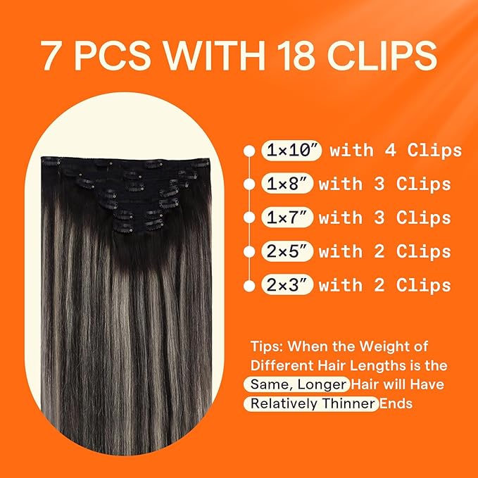 Full Shine Clip in Hair Extensions Black Ombre Grey 24 Inch Remy Hair Extensions Clip ins Balayage Long Straight 7 Pieces 120 Grams