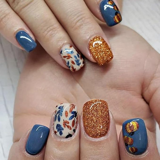 24pcs Short Square Fall Press on Nails Gold Pumpkin Fake Nail Autumn Leaves False Nails with Designs Blue Pure Color Gold Glitter Acrylic Glue on Nails for Women Thanksgiving & Autumn Nail Art