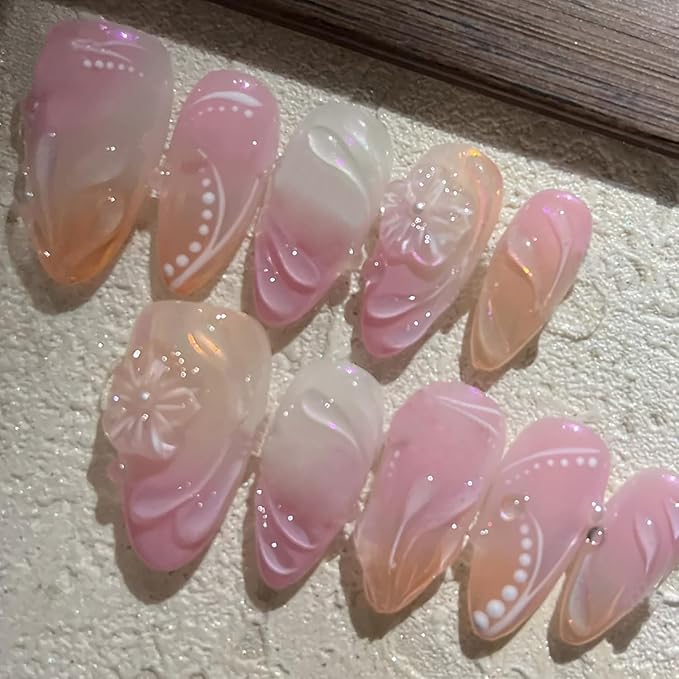 30Pcs Flower Press on Nails Medium Almond Fake Nails 3D Flowers Irregular Lines Rhinestones Designs Full Cover French Tip Glue on Nails Summer False Nails for Women Girls Acrylic Nail Decorations