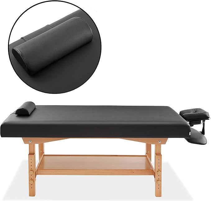 Saloniture Professional Stationary Massage Table - Includes Shelf, Headrest, Face Cradle and Bolster - Black