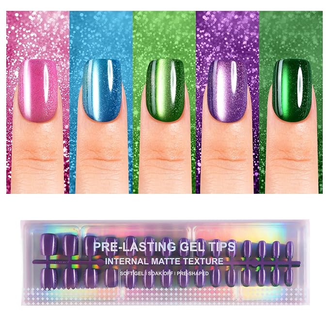 150Pcs Cat Eye Press on Nails Short Square, Plauva Glossy Glitter Cat Eye Nail Tips, Soft Gel Fake Nails for Women and Girls Stick On Nails in 15 Sizes