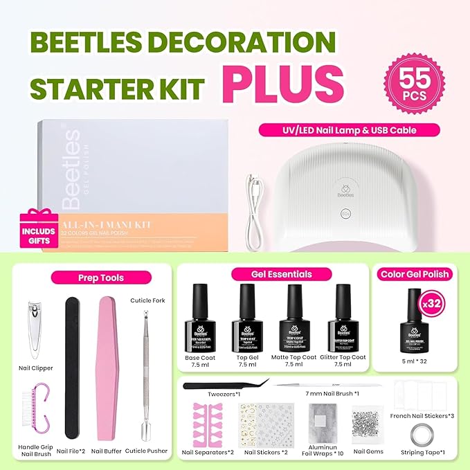 Beetles Gel Nail Polish Kit with U V Light - 32 Colors Nail Kit 55 Pcs Gel Polish Set Four Seasons Glow Pro Base & Matte Glossy Top Coat Nails Stuff Soak Off DIY Art Set Gifts for Women Teen Girls