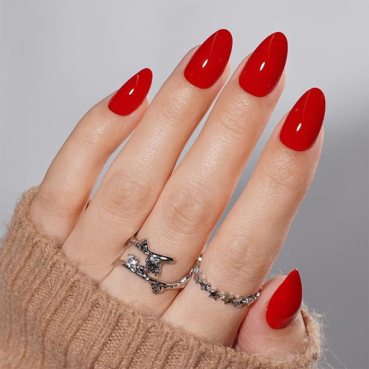 Press on Nails, Short Red Press on Nails Almond Reusable Glossy Red Nails Soft Gel False Nails Press ons for Women, 16 Sizes 32 Count Nails Kit with Glue (SV-03)
