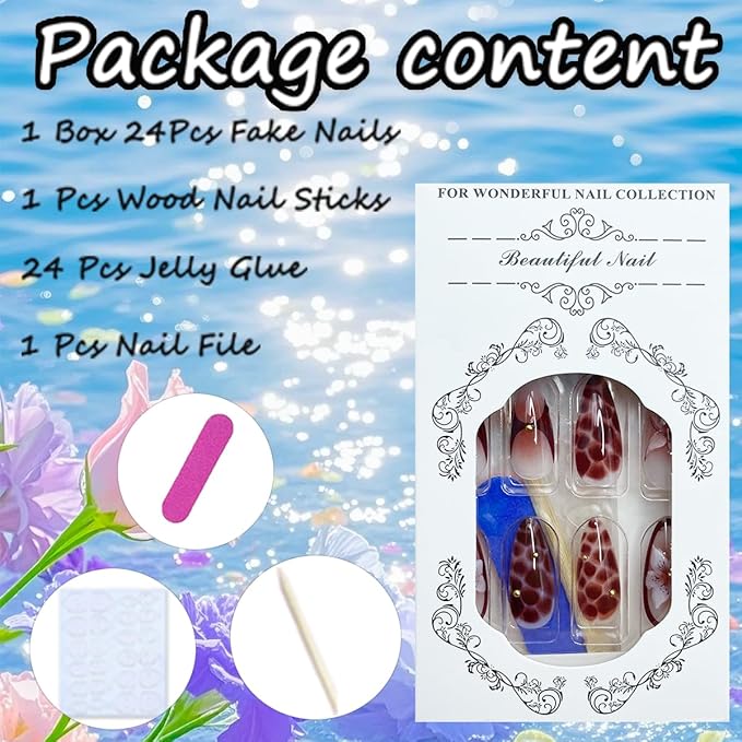 Handmade Press on Nails Medium Nude Brown Gradient Almond Fake Nails with Stereoscopic Flower Design Summer Glue on Nails Glossy Almond Shaped False Nails Reusable Stick on Nails for Women Girls 24Pcs
