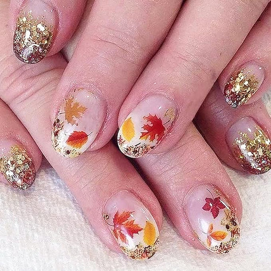 24Pcs Fall Press on Nails Short Oval Fake Nails with Gold Glitter Yellow Red Maple Leaf False Nail Reusable Thanksgiving Acrylic Nails Full Cover Autumn Maple Leaves Stick on Nail for Women Nail Art